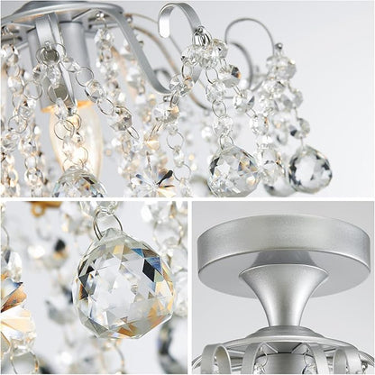 WUZUPS Crystal Chandelier Flushmount Ceiling Light Modern Lighting Fixture for Bedroom Hallway Bar Kitchen Bathroom, H 13.4" x W 12.6", E26 Base, Silver
