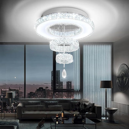 Flashing God Dia 20" Flush Mount Chandeliers Silver Modern Living Room Chandelier LED Crystal Ceiling Light 2 Rings Pendant Light Crystal Chandeliers for Bedroom Dining Room Entryway