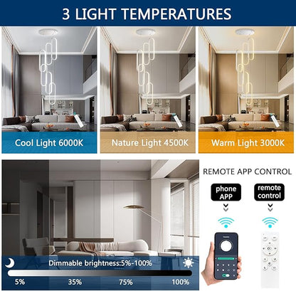 6 Rings Modern Chandelier LED Dimmable Pendant Lighting High Ceiling Chandelier for Entrance Foyer Lobby Living Room Staircaes Sliver 78.7''