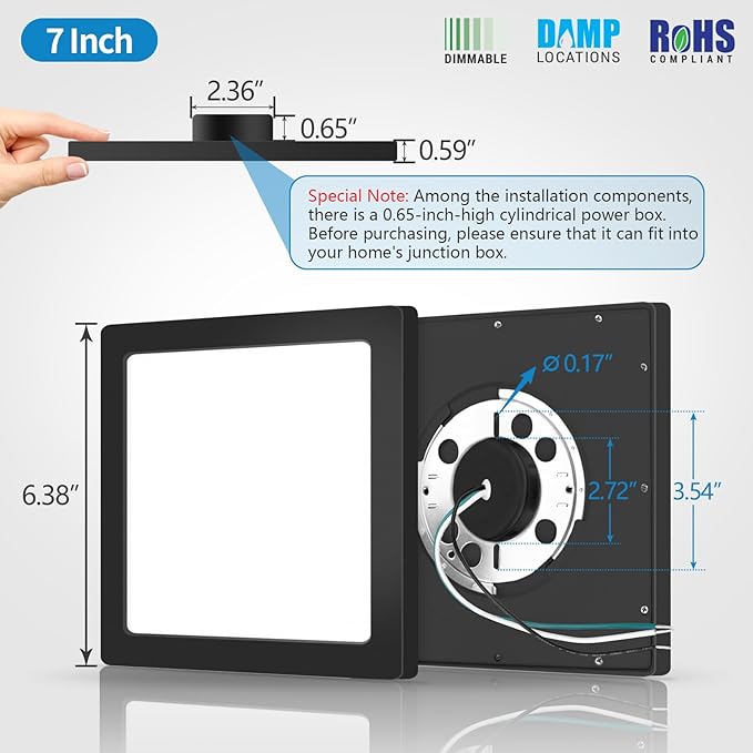 mw 7 Inch Square Black Ceiling Light, 12W, 120V, 3000K/4000K/5000K, Dimmable Slim LED Ceiling Lights, Close to Ceiling Light Fixtures for Bedroom, Hallway, Laundry, ETL Listed, Each Side is 6.38"