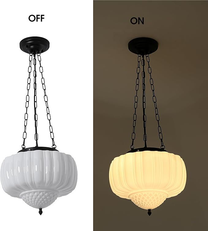 FCTWAKS Large Milk Glass Pendant Light, 14" Mid Century Modern Schoolhouse Ceiling Light Fixture, Vintage Chandelier for Bedroom, Dining Room, Hallway, Kitchen Island, Bulb Included, White