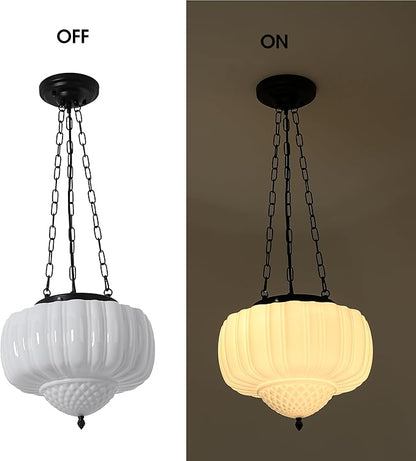 FCTWAKS Large Milk Glass Pendant Light, 14" Mid Century Modern Schoolhouse Ceiling Light Fixture, Vintage Chandelier for Bedroom, Dining Room, Hallway, Kitchen Island, Bulb Included, White