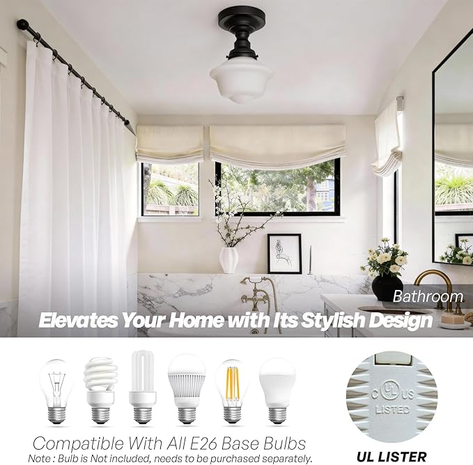 Schoolhouse Semi Flush Mount Ceiling Light,Black Close to Ceiling Light Fixtures with Milky White Glass Modern Farmhouse Hallway Ceiling Lamp for Laundry Kitchen Entryway Bathroom E26