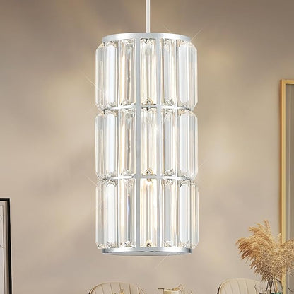 Chrome Crystal Pendant Light for Kitchen Island, Modern Mini Hanging Chandelier with Adjustable Cord, Luxury Polished Chrome Pendant Lighting for Dining Room, Bathroom, Bedroom, Bar