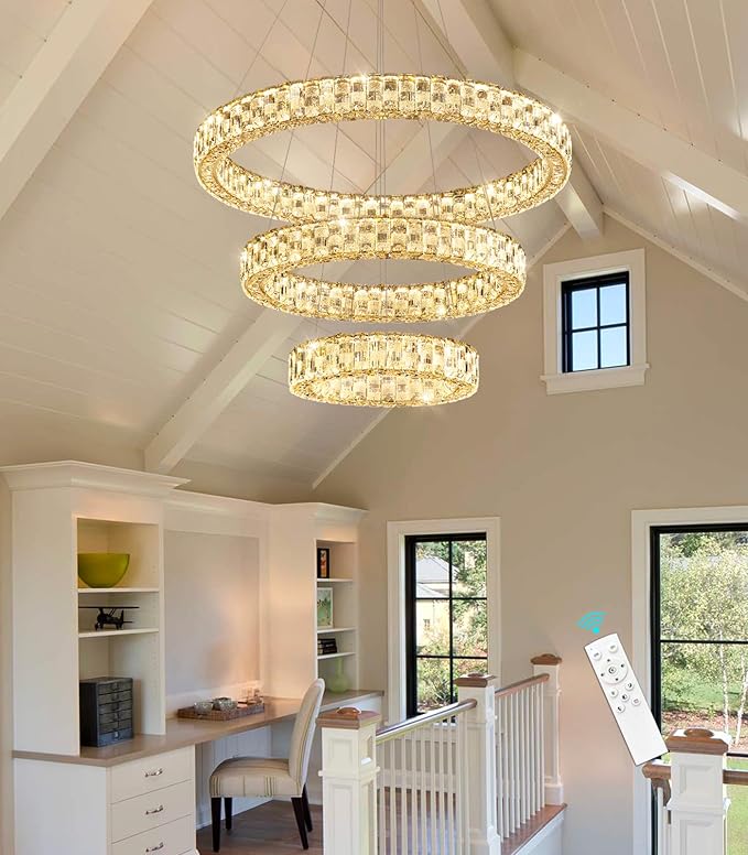 Rings LED Chandelier Modern Crystal Chandeliers Dimmable Pendant Light Fixture with Remote for Dining Room Living Room Gold