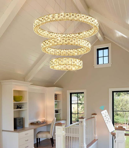 Rings LED Chandelier Modern Crystal Chandeliers Dimmable Pendant Light Fixture with Remote for Dining Room Living Room Gold