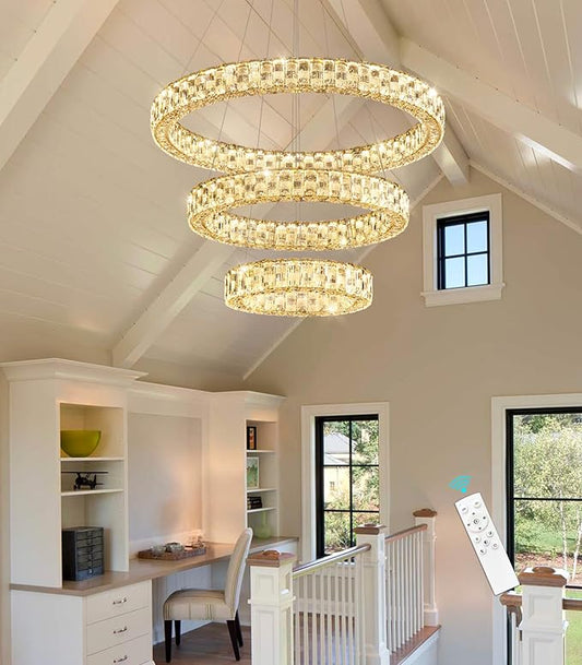Rings LED Chandelier Modern Crystal Chandeliers Dimmable Pendant Light Fixture with Remote for Dining Room Living Room Gold