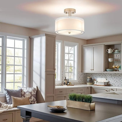 FOLKSMATE 3-Light Semi Flush Mount Ceiling Light Fixture, 16 Inch Drum Light with Double Fabric Shade, Modern Close to Ceiling Lamps for Dining Room Kitchen