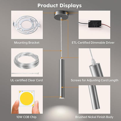 Brushed Nickel LED Pendant Light, 10W Modern Dimmable LED Downward Adjustable Hanging Spotlight, Lighting for Kitchen Island, Dining Room, Bar, 4000K Neutral White, ETL Driver, Pack of 1