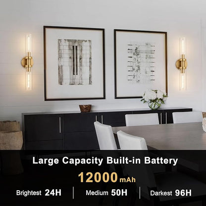 SANTOSTOCK Gold Battery Operated Wall Sconce Set of 2, 12000mAh Rechargeable Wall Lights with Remote Control, Wireless Dimmable Wall Lamps for Bedroom Living Room Bathroom Hallway Stairwell