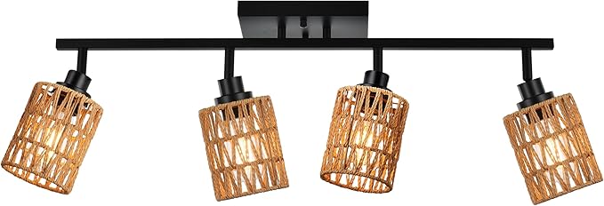 MELUCEE 4 Light Track Lighting Kit Farmhouse Bathroom Light Fixtures Black Ceiling Spotlight Fixture with Rattan Lamp Shade for Hallway Porch Foyer Bath Storage