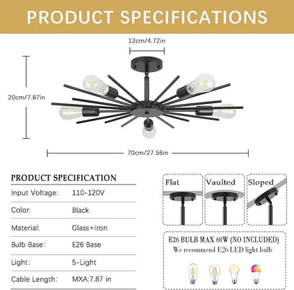Black Semi Flush Mount Ceiling Light, 27.5 Inch 5-Light Large Sputnik Flush Mount Light Fixtures, Farmhouse Industrial Sloped Ceiling Lighting for Kitchen, Entryway, Bedroom, Living Room