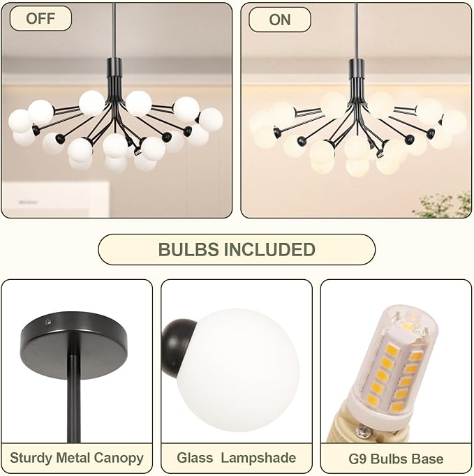 Depuley Glass Ball Sputnik Chandelier: 18-Light Modern Mid Century Black Chandelier for Dining Room - Bubble Globe Chandelier Light Fixture Height Adjustable for Kitchen Over Table (Included G9 Bulbs)