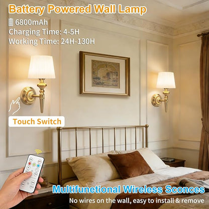 Cordless Battery Powered Wall Sconce Vintage Set of 2, Touch Type & Remote, Timer, Wireless 6800mAh Rechargeable Battery Small Wall Lamp for Wall Painting, Living Room, Bedroom, Hallway, Gifts(Gold)