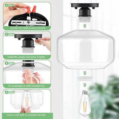 TOBUSA Semi Flush Mount Ceiling Light 2 Pack, Industrial Ceiling Light Fixture with Clear Glass Pendant Lamp Shade, Farmhouse Hallway Light Fixtures for Porch Kitchen Bedroom, E26 Bulbs Excluded