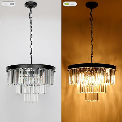 Weesalife Crystal Chandeliers for Dining Room Lights Fixtures, 9 Lights Black Modern Chandeliers for Bedroom, 3-Tier Round Crystal Lighting Fixtures for Living Room Entryway Kitchen Island D20 Inch