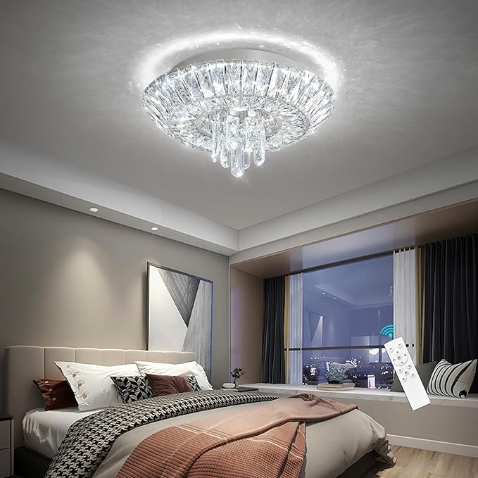 Crystal Chandelier 25W Modern Round Ceiling Light Fixture LED Raindrop Chandeliers Dimmable with Remote for Dining Room Living Room Entryway Hallway Bedroom Silver