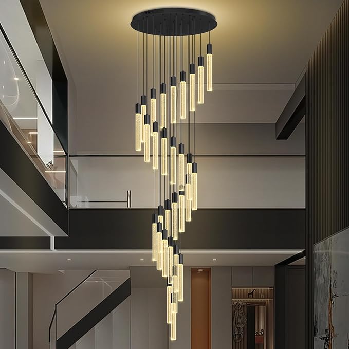 D28inxH177in Long Crystal Column Chandelier Large Black Staircase Chandelier for High Ceiling 30-Light Dimmable LED Pendant Lighting Foyer Entryway Light Source is Replaceable