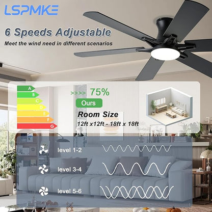Ceiling Fans with Lights, 52 Inch Low Profile Ceiling Fan with Light and Remote, Flush Mount, Quiet, Reversible, 3CCT, Dimmable, Black RGB Ceiling Fan for Bedroom, Living Room, Indoor/Outdoor