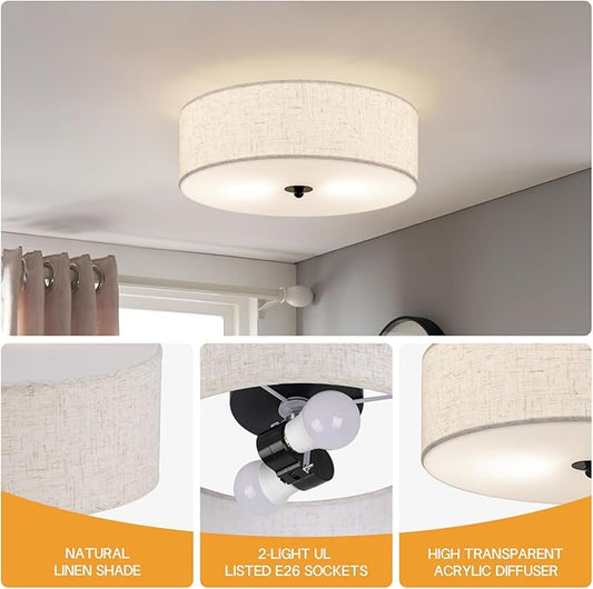 CALOKES Flush Mount Ceiling Light Fixture, 13" Close to Ceiling Light with Beige Fabric Linen Drum Shade, 2-Light Modern Round Ceiling Light for Bedroom Hallway Dining Kitchen