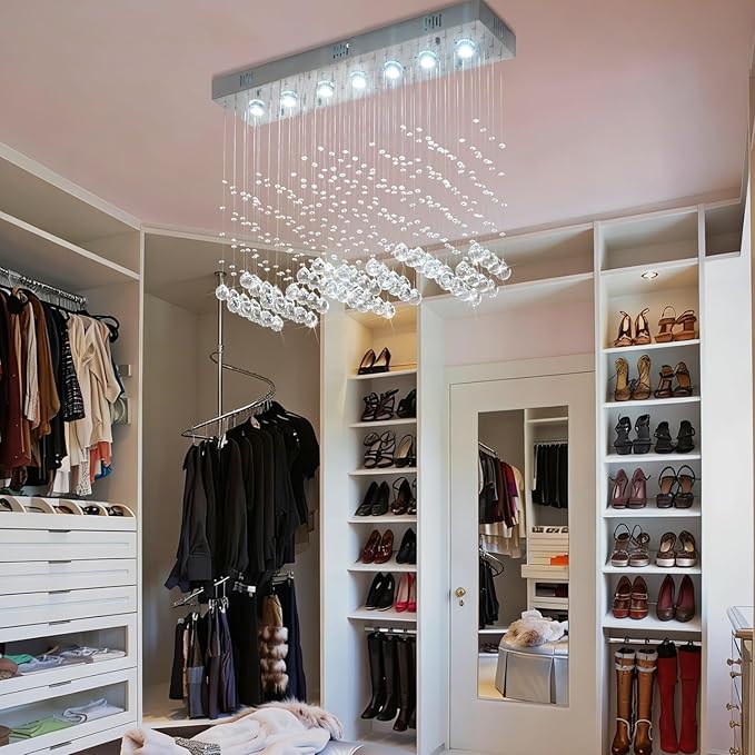 Crystal Chandelier Modern Chandelier 7-Light Rectangular Deluxe Wave Chandelier Ceiling Light Fixture Raindrop Chrome Flush Mount Pendant Lamp for Kitchen Island Bedroom Dining Room