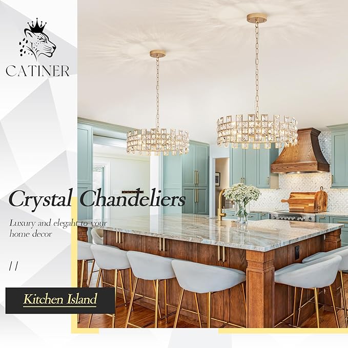 CATINER Gold Crystal Chandelier 18'' Round, Modern 6-Light Semi Flush Mount Ceiling Light, Adjustable Hanging Crystal Pendant Light with G9 Base for Kitchen Island, Dining Room, Bedroom, Entryway