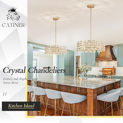 CATINER Gold Crystal Chandelier 18'' Round, Modern 6-Light Semi Flush Mount Ceiling Light, Adjustable Hanging Crystal Pendant Light with G9 Base for Kitchen Island, Dining Room, Bedroom, Entryway