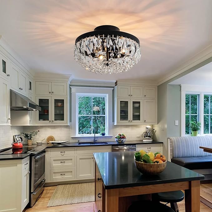 KSRYSZCQ Black Crystal Ceiling Light,10''Modern Ceiling Light Fixture Lamp 3 Light with E12 Base,Sturdy Craft & Aesthetic Design,Ideal for Dining Room,Kitchen,Bedroom
