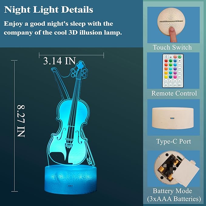 Violin Night Light, Violin Gifts, Cello 3D Illusion Lamp with 16 Colors Changing, Timer, 4 Flash Modes and Dimmable, Kids Boys Girls Room Decoration, Holiday Xmas Music Gifts