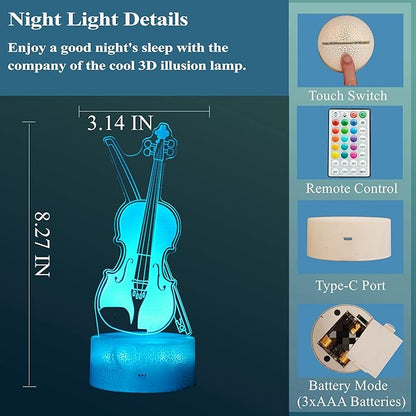 Violin Night Light, Violin Gifts, Cello 3D Illusion Lamp with 16 Colors Changing, Timer, 4 Flash Modes and Dimmable, Kids Boys Girls Room Decoration, Holiday Xmas Music Gifts