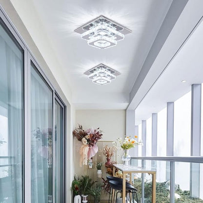 Mini Chandelier LED Crystal Ceiling Light 2 Layers Flush Mount Ceiling Light Modern Chandelier Lighting for Hallway Staircase Kitchen Bathroom (Cool White)