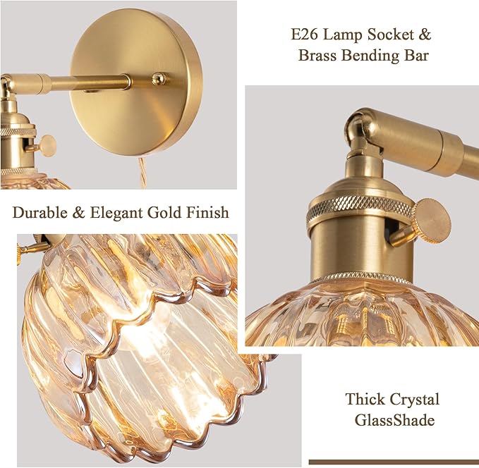 Plug-in Wall Sconce, Vintage Wall Decorative Lamp with Amber Glass Shade, Indoor Plug-in Wall Sconce for Bedroom, Living Room, Hallway