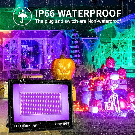 2 Pack 200W LED Black Light, Blacklight Flood With Plug & Switch, IP66 Waterproof Outdoor Spotlight for Neon Glow Party Fluorescent Poster Body Paint Stage Lighting Halloween Decor