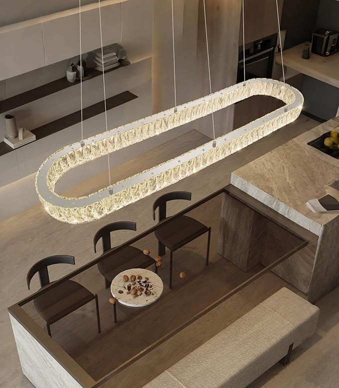 HAIXIANG Modern Crystal Chandelier Dimmable LED Long Chandeliers for Dining Table Pendant Lights Rectangular Glam Lighting Fixtures for Dining Room Kitchen Island Silver