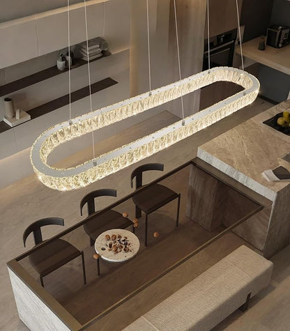 HAIXIANG Modern Crystal Chandelier Dimmable LED Long Chandeliers for Dining Table Pendant Lights Rectangular Glam Lighting Fixtures for Dining Room Kitchen Island Silver