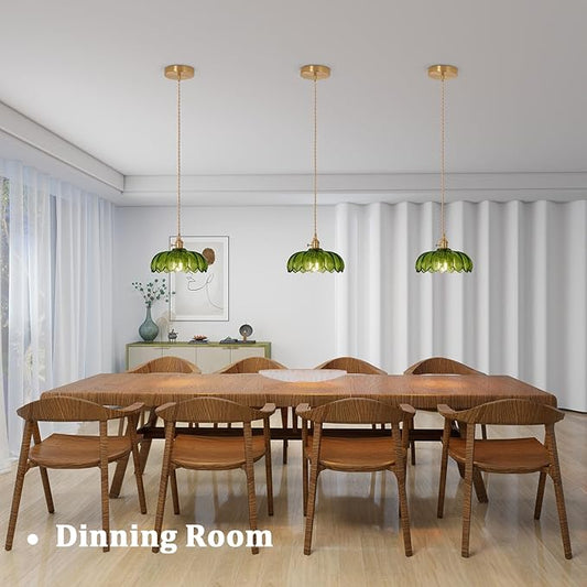 Shenmoyl Pendant Light with Green Scindapsus Glass Lmapshade, Brass Vintage Pendant Light Adjustable Hanging Light for Kitchen Island Dining Room Hallway
