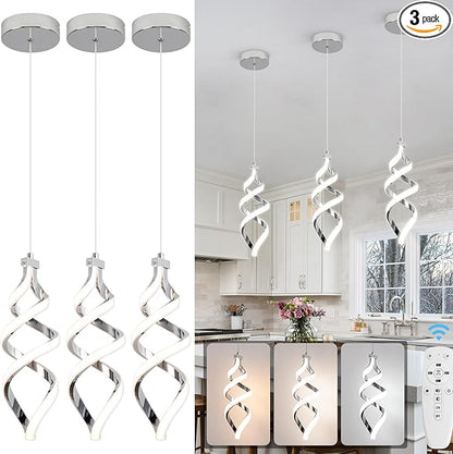 EIDISUNY 3Pack Pendant Light Fixture, 15W Chrome Spiral Led Chandelier Hanging Lamp, 3000K-6000K, Dimmable Pendant Lamp, Adjustable Height Pendant Light for Kitchen Island Dining Room Bedroom Cafe