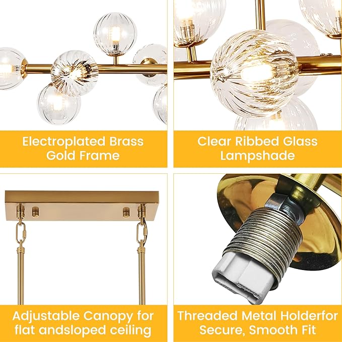 Gold Linear Large Chandelier Modern Chandelier Glass Pendant Light Fixture Adjustable for Dining Living Room Kitchen Island 22-Light 70"
