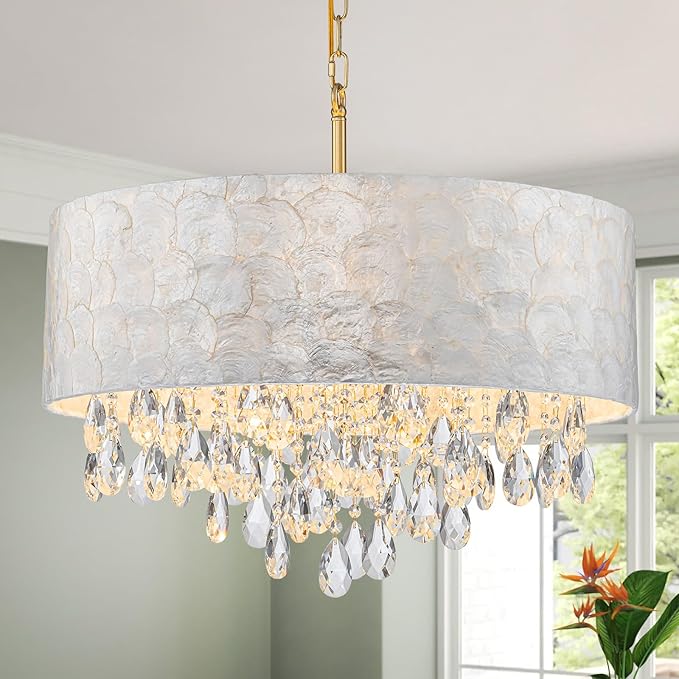 LumFurn X-Large 6-Light Drum Capiz Shell Crystal Chandeliers, Coastal Style Pendant Light Fixture for Dining Room, Living Room, D24 x H23~71 inch(Adjustable), Shell Lampshade & Gold Finish
