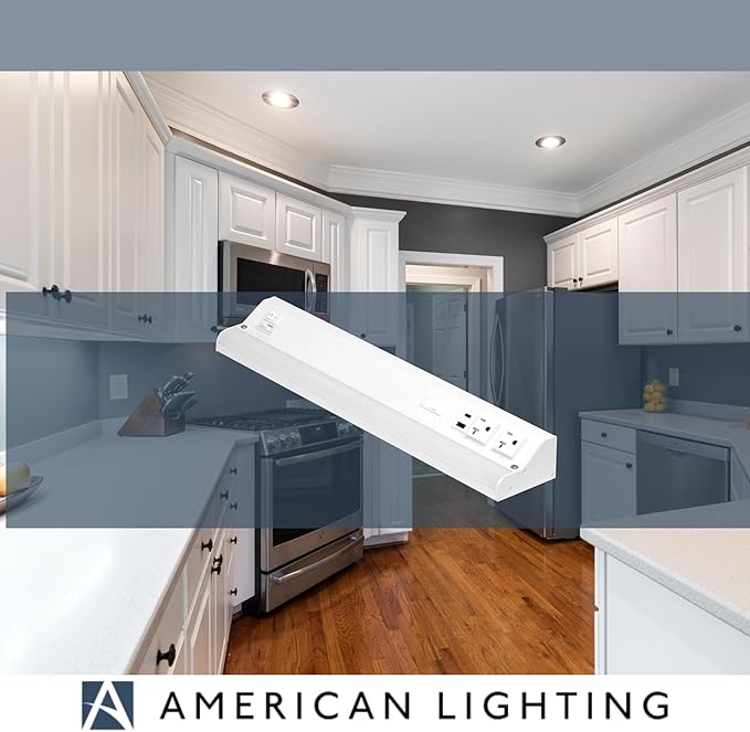 American Lighting LED Courant Plus Undercabinet Light 18 Inch 5CCT 90+ CRI 1000 Lumens with USB-A USB-C and 20A Receptacles White Finish Title 24 Compliant (2 Pack)