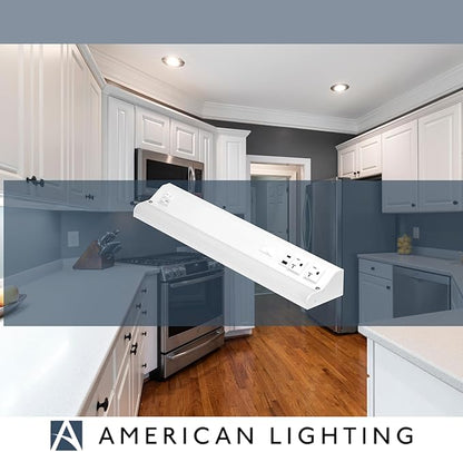 American Lighting LED Courant Plus Undercabinet Light 18 Inch 5CCT 90+ CRI 1000 Lumens with USB-A USB-C and 20A Receptacles White Finish Title 24 Compliant (2 Pack)