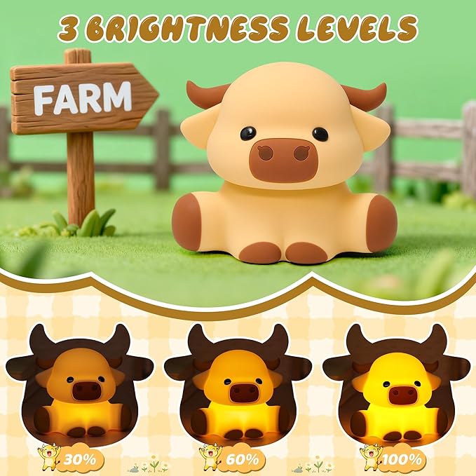 YuanDian Highland Cow Night Light, Squishy Silicone Lamp.Rechargeable, Dimmable with Timer, Touch Control Bedside Nightlight for Home and Desk Decor