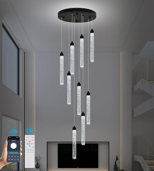 Crystal Staircase Chandelier, Modern Black Spiral Dimmable LED Cluster Raindrop Foyer Chandelier Lighting, Bubble Living Room Hanging Light Fixture 9 Light Remote Control