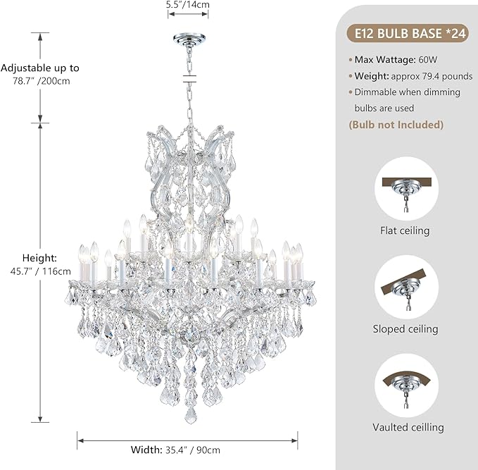 Large Crystal Chandeliers Light Fixture - 24 Lights High Ceiling Hanging Chandelier 2 Layers Maria Theresa Crystal Light Luxury Chandelier for Entryway, Staircase,Living Dining Room