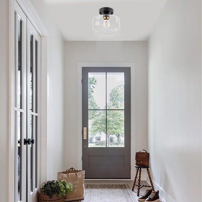 BISAMIYA Modern Semi Flush Mount Ceiling Light - Matte Black with Brass Accent & 8.66” Clear Glass Shade - for Kitchen, Dining Room, Hallway & Entryway