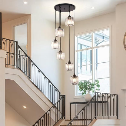Long Chandelier for High Ceilings Modern Crystal Long Pendant Light Raindrop Drop Lamp Hanging Flush Mount Chandelier Ceiling Light for Staircase Foyer Living Room Entryway 6 Lights
