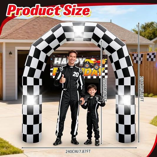 8FT Black and White Checkered Outdoor Race Car Inflatable Arch with Happy Birthday Banner, Blow Up Racing Party Decoration with Built-in 3 LED Lights for Race Car Themed Birthday Party Lawn Yard Decor