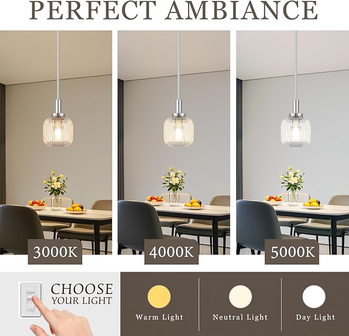 Brushed Nickel Pendant Lights Kitchen Island, 1-Light 5.9" Modern Glass Pendant Light with Clear Glass and Rods, Mini Hanging Lighting for Kitchen Sink Bathroom Bedroom, OS-YQ7749-1PBN