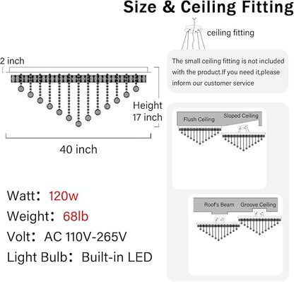 Dia 40" Modern Crystal Chandeliers for Living Room,Black Large Chandelier Flush Mount Chandeliers for Bedrooms Dining Room Dimmable 2700k 4500k 6000k