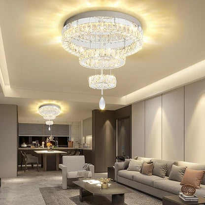Flashing God Modern Crystal Chandelier Bedroom Chandeliers Flush Mount Ceiling Chandelier Light Fixture for Dining Room Entrance LED Dimmable Silver Ring Chandeliers